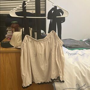 Tie-Shoulder Cream Blouse with Black Trim